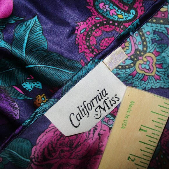 Vintage 80s California Miss Paisley Print Lingerie Dress Sz M Teal Purple Satin - Picture 5 of 13